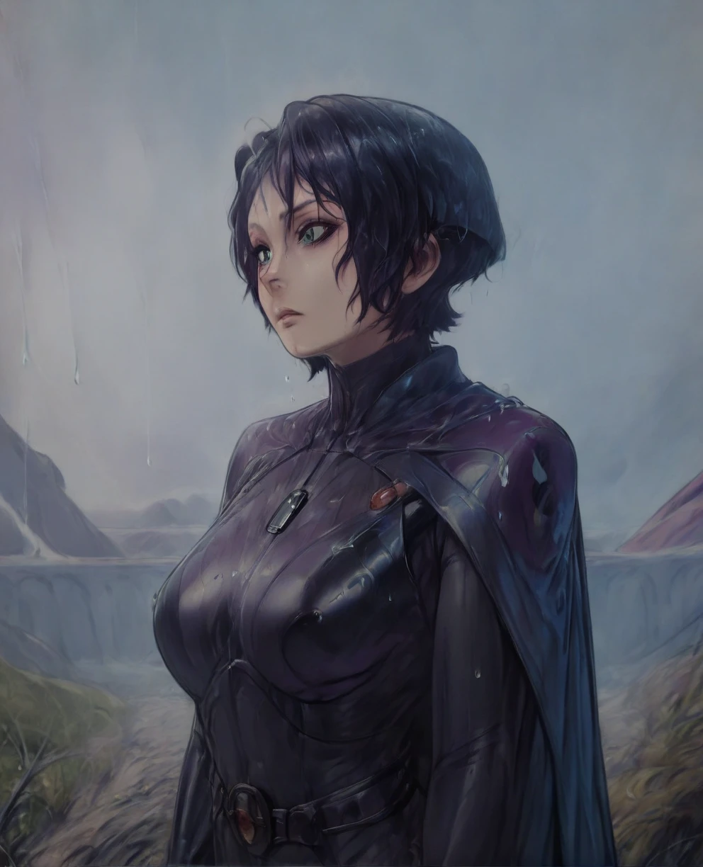 score_9,score_8_up,score_7_up,score_6_up, Trilla,green eyes,black hair, upper body, wet, armor,gloves,black bodysuit,black cape,belt,rain, science fiction,sith base, star wars, outdoors, rain, solo,fflixbag
wearing armor
sabine wren