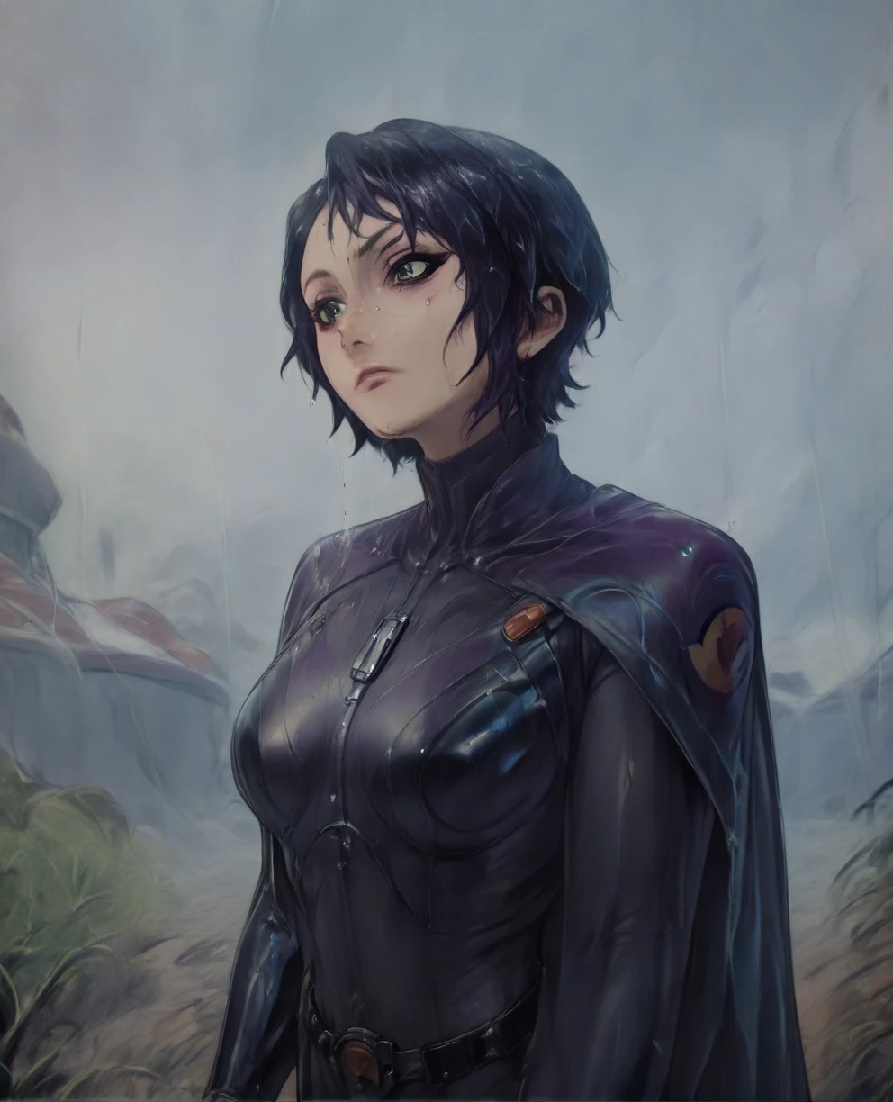 score_9,score_8_up,score_7_up,score_6_up, Trilla,green eyes,black hair, upper body, wet, armor,gloves,black bodysuit,black cape,belt,rain, science fiction,sith base, star wars, outdoors, rain, solo,fflixbag
wearing armor
sabine wren
