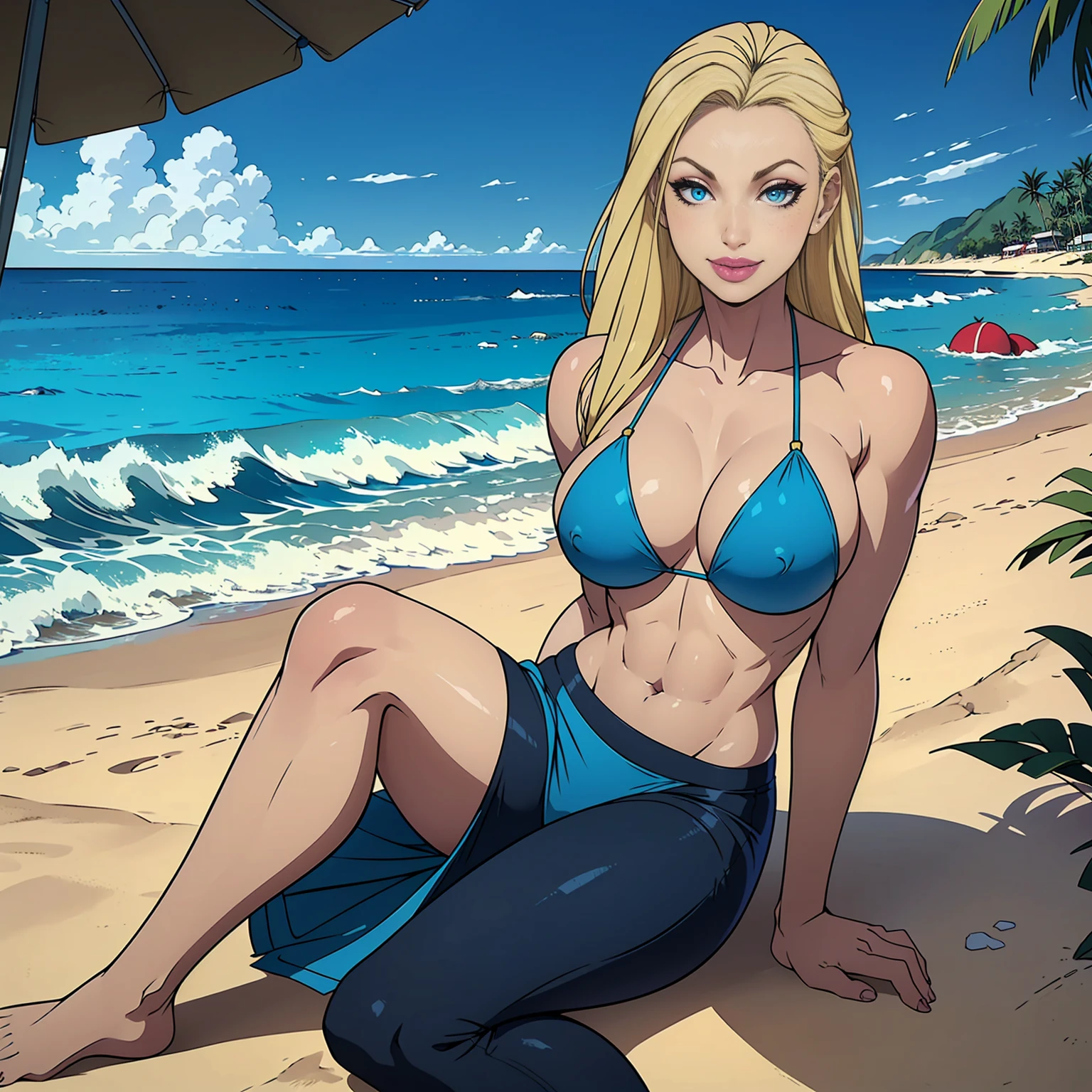 OMA, ((long blonde hair, bng, glowing blue eyes, lipstick,full lips, makeup, narrow waist, skinny, medium breasts, alone)), pelvic curtain, ((blue bikini)), full body, perfect body, (insanely detailed, beautiful detailed face, masterpiece, best quality) , (((solo))), (((1girl))), (((mature))), (extremely detailed 8k paper CG wall unit: 1.1), (beach, sand, ocean dusk), (smile face for the viewer), sitting Beach sarong