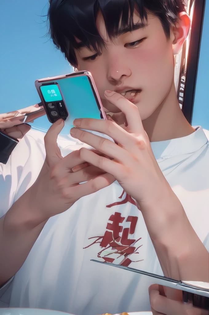 An 18-year-old Chinese boy takes a photo of the food in front of him with his mobile phone，