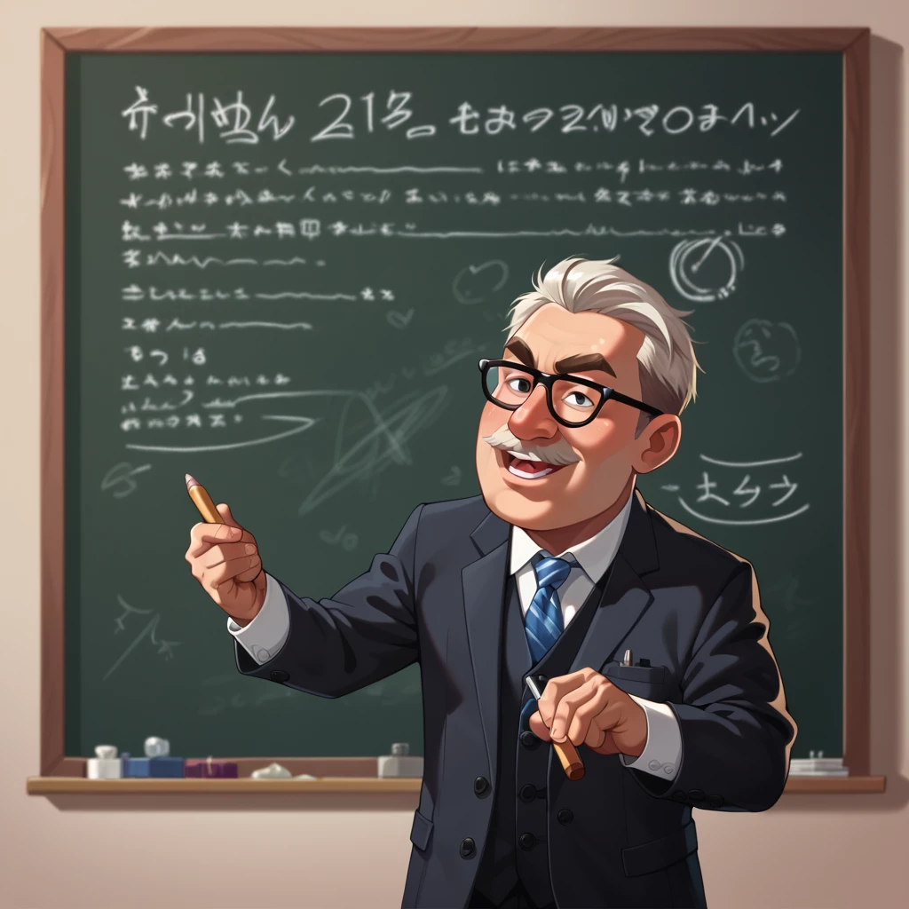 Japanese Male Professor, chalkboard, Talk about yourself, wisdom, chalk, actual, classroom,,Pixar style,color