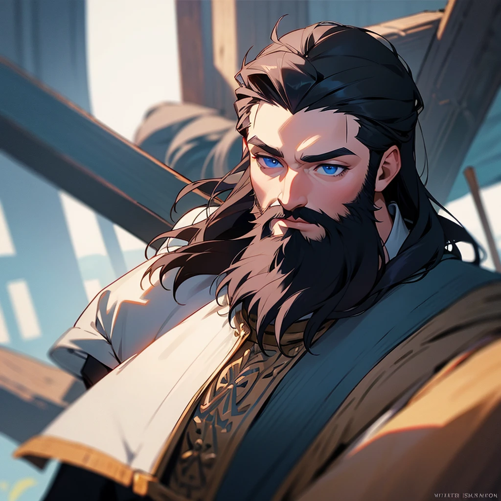 Young Viking with black hair, blue eyes and thin beard