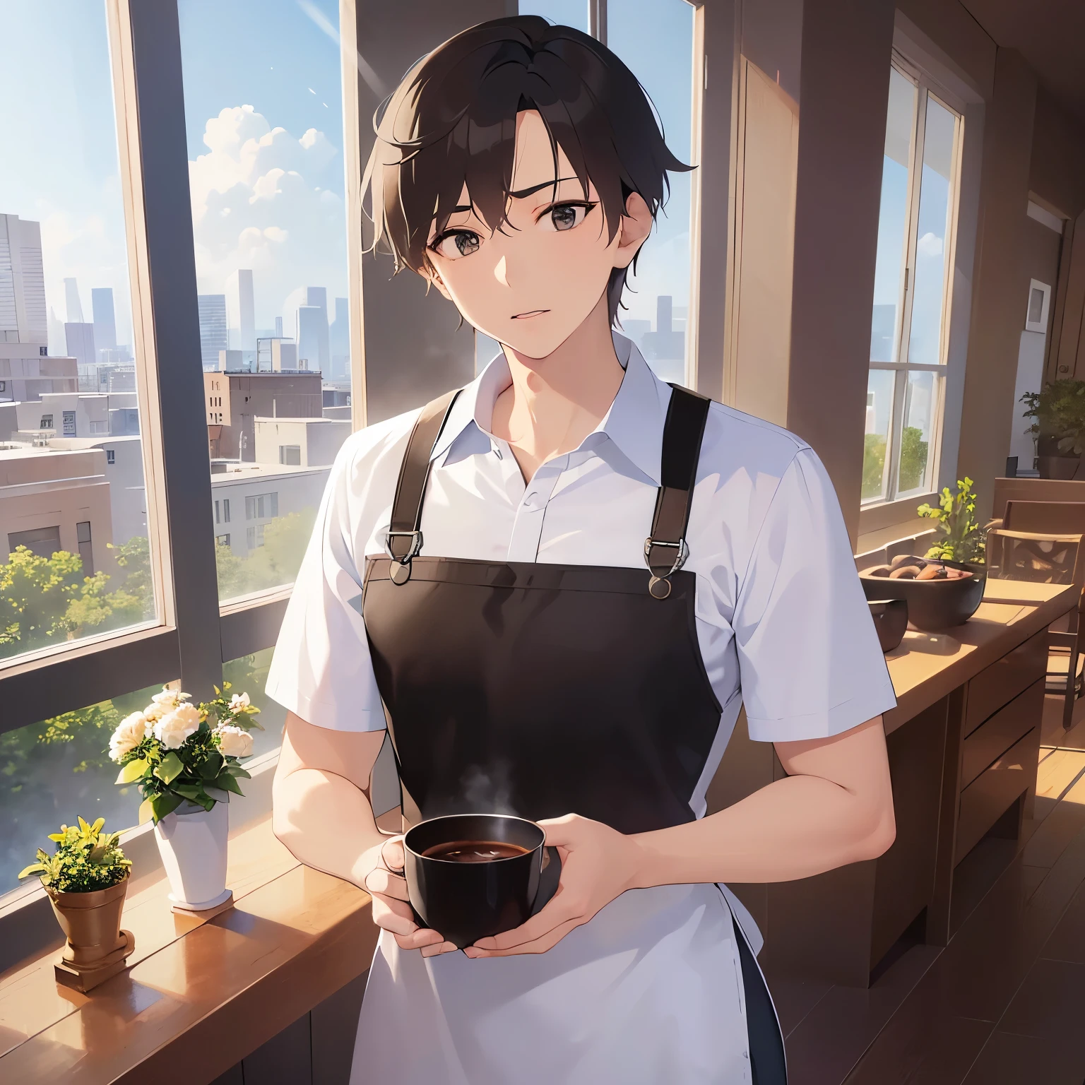 upper body,(looking away:1.5),shiny skin,masterpiece、Highest quality、(25-year-old male:1.5) and (Brown short hair) and (Green Eyes),(whiteTshirt:1.5),The background is the living room,(alone:1.5)、(alone:1.5)、Serious face,apron,Opening the curtains