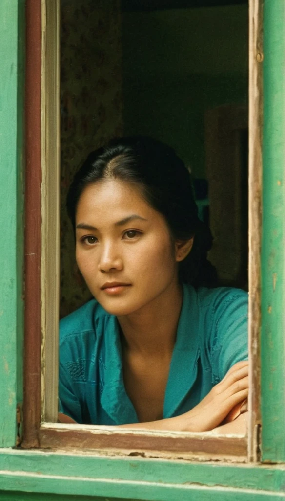 Long shot photo, very low angle shot, A shot taken from (((outside the window at 2nd floor))) of a beautiful young asian woman in the 1970s, with her hair and clothing from the 1970s, the woman is sitting inside a humble 1970s asian kitchen looking out through the window, the glass of the window is somewhat tarnished and dirty at the edges, the woman is looking straight at the camera with a lost look and a slight smile, (((the shot was taken from the outside of the house))), full color with a cinematographic lighting, high definition professional photography style ,photorealistic