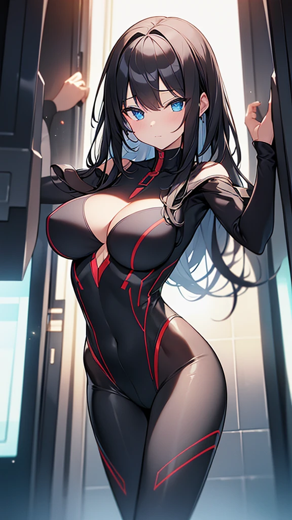 (Highly detailed CG Unity 8k wallpaper,masterpiece, Biological, whole body),(Best lighting, Best Shadow, Very delicate and beautiful),(One girl),blue eyes, Big Breasts, Black Hair,Red and black off-the-shoulder SF bodysuit,Neck Seal,High-tech sci-fi corridor, Dynamic pose, Detailed Machinery, Sleek design., {{An extraterrestrial lifeform preys on girls and takes their place、Her breasts are bigger than a real girl's}}, Unknown sensation, Feels good, Vigorous movement, more, instinct, Female fall, Bouncing chest, loose, loose, I put the bones of the girls I preyed on in my locker., NSFW