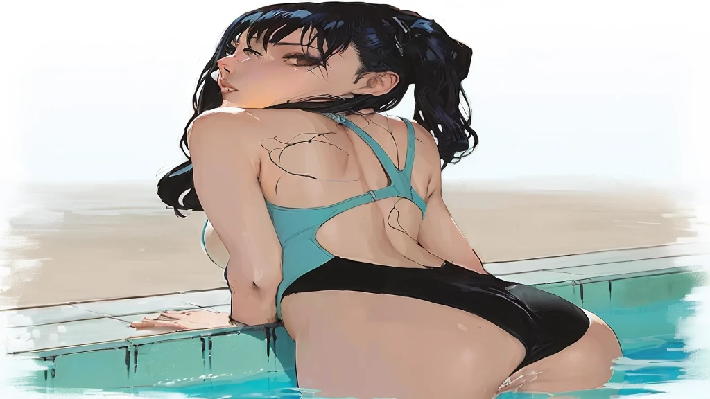 anime girl in bikini standing in a pool with her back turned, is naked, nico robin, by Kentaro Miura, hinata hyuuga, I&#39;m going to make fanart too, high quality color drawing, Art by Kentaro Miura, Yasumotooka, nagatoro, seductive anime girl