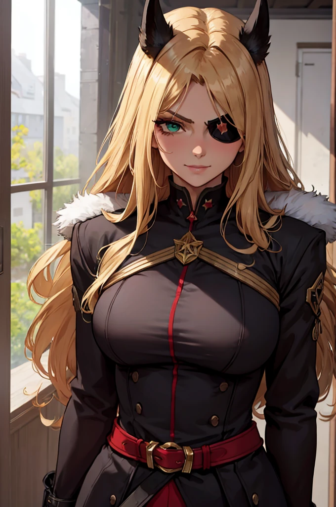 ((masterpiece)), ((best quality)), 1girl, adult, long hair, ((blonde hair)), very long blonde hair, ((intimidant look)), ((close-up)), profile image, green eyes, black and red clothes, sexy, dark colors, brillant eyes, ((coat with fur)), ((wavy hair)), exposed skin, ((sexy pose)), ((intimidant look)), good anatomy, ((dark sage clothes)), ((straight cut bangs)), emotionless, intimidant, ((beautiful eyes)), close up, ((detailed eyes)), beautiful eyes, ((detailed face)), hair bang, frontal look, evil, relaxed, smile, magical goddess othinus, detailed face, eyepatch, full body, ((detailed))