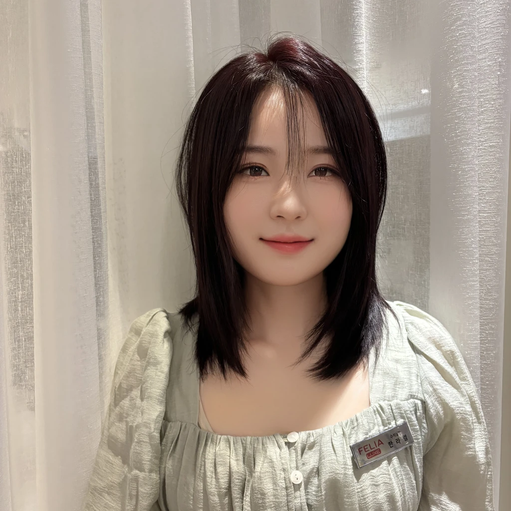 Best Quality, 8k, Masterpiece, (Portrait: 1.3), (photo realistic:1.4), (hyper realistic:1.4), Sharp Focus, looking at viewer, (smoother lighting:1.1), (increase cinematic lighting quality:0.9), realistic lighting, backlighting, light on face, ray trace, (brightening light:1.2), (Increase quality:1.4), sharp detail, (best quality real texture skin:1.4), finely detailed eyes, black_eyes, finely detailed face, 25 year old Korean woman, smiling_face