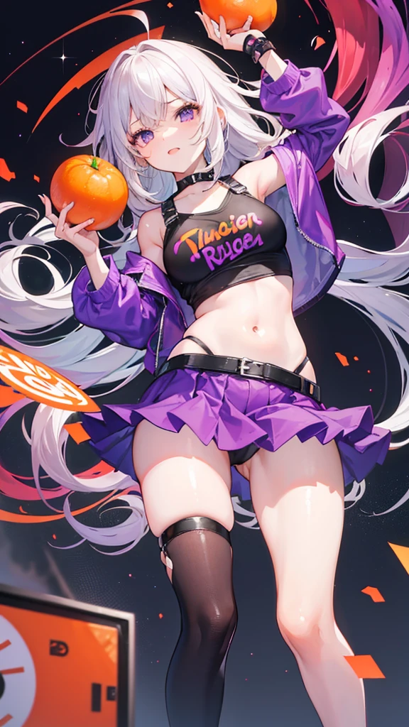 A 20-year-old girl who encourages fun, creativity and passion with orange and purple colors and that has letters that say: Ruizter.