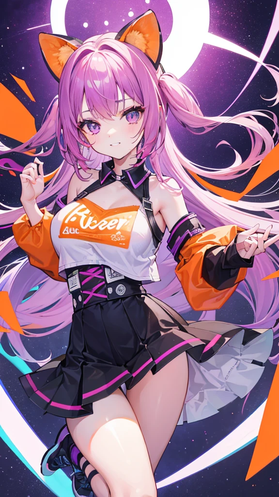A 20-year-old girl who encourages fun, creativity and passion with orange and purple colors and that has letters that say: Ruizter.