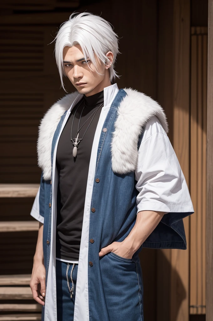 A special grade shaman in the Kaisen jujutsu world with his casual clothes and stylish white hair