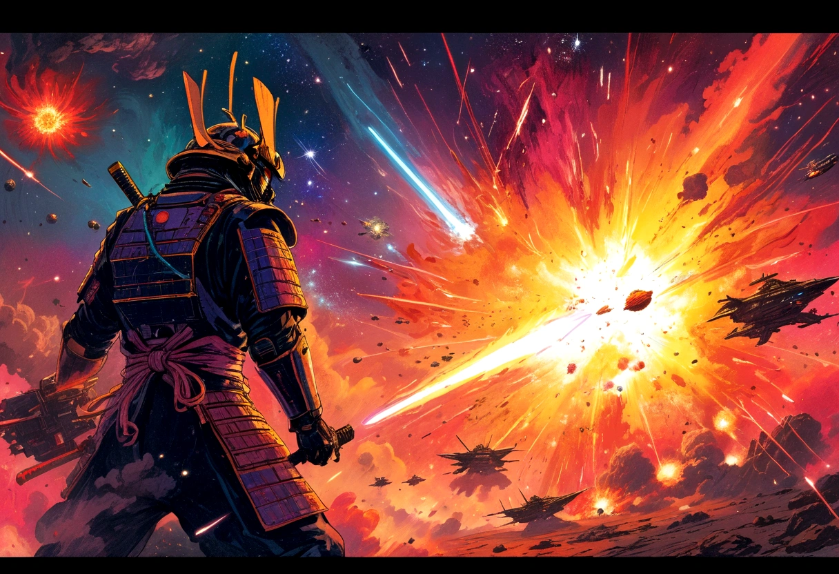 cosmic astronaut samurai, epic space battle, gritty, 1980s heavy metal style, space ships, blasts, explosions, sense of movement and energy, intense, too real, high tension, maximal, nuanced, expressive, rough-sketch