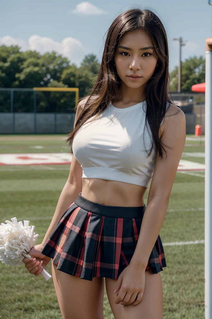[[((young attractive Asian woman:1.5)), ((Sophie Tan:1.4)), standing on a high school football field, with her back to the camera. She is wearing ((a short plaid cheerleader skirt that has blown up, exposing her buttocks, paired with a tight crop top and white sneakers:1.2)). Her hair is styled in high pigtails, and she has a seductive, intense gaze over her shoulder. The background features bleachers, goalposts, and a bright sky. The scene is captured with a ((full-frame DSLR:1.2)) using a ((35mm prime lens:1.2)) to keep the woman in sharp focus while the background is slightly blurred. Post-production enhances the vibrant colors and adds a ((soft bokeh effect:1.1)) to the background. The image should be in ((8K resolution:1.1)) with ((hyper-realistic detail:1.3)). The backdrop highlights the high school football field with detailed textures of bleachers and goalposts. The focus is on the woman's blown-up cheerleader skirt and seductive, intense gaze. Bright natural lighting is used with slight enhancements to create a lively and energetic atmosphere, with a ((soft bokeh effect:1.1)) on the background, enhanced vibrancy, and high contrast to make the scene pop. She is standing with one hand on her hip, looking seductively over her shoulder, exuding confidence and allure, embodying cheerleader chic.]]