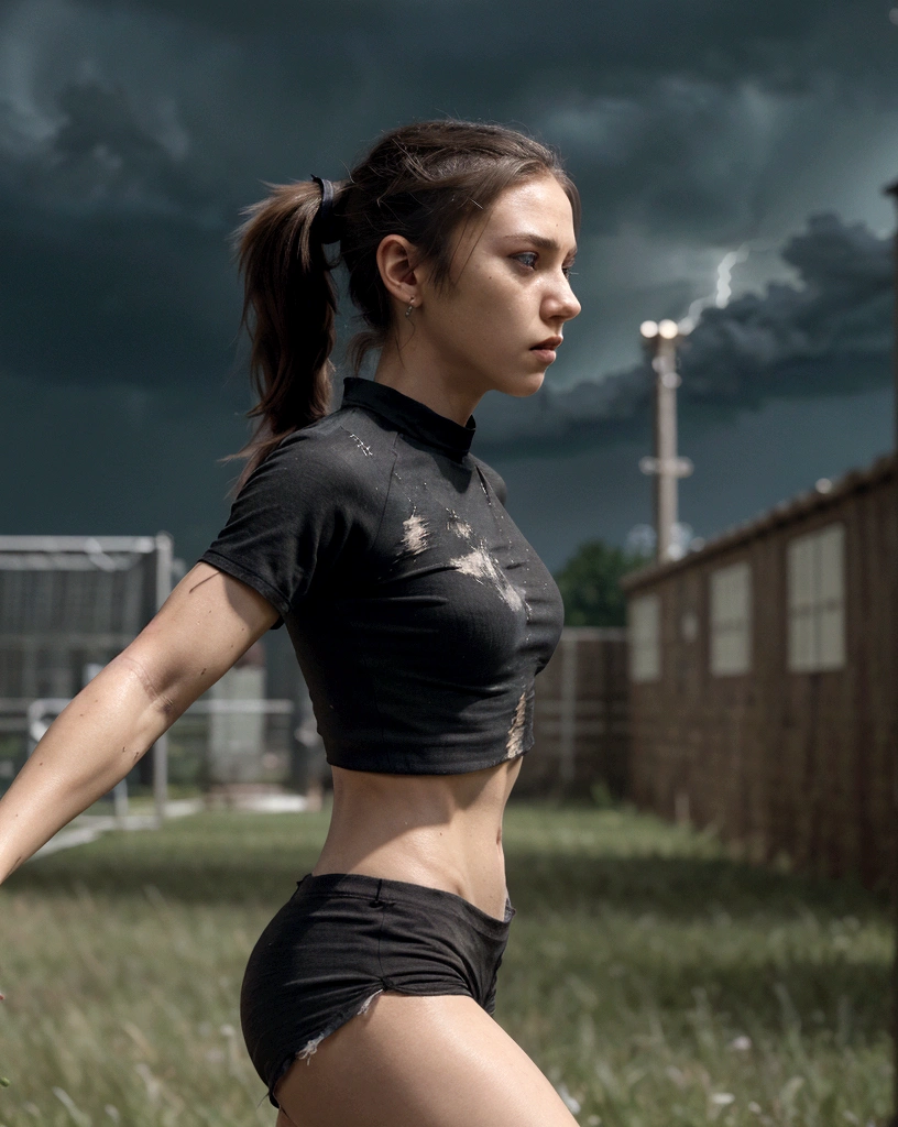 (masterpiece)(accurate)(perfect anatomy) photo realistic, 1girl, running stance, red crop top, tattered shirt (torn shirt 1.8), upper torso, cinematic motion, serious expression, ponytail, very long hair, (motion blur 1.2) super detailed, twenty degrees side view, perfect eyes, unreal engine, epic realism, 8k, dramatic lightning, motion blur background
