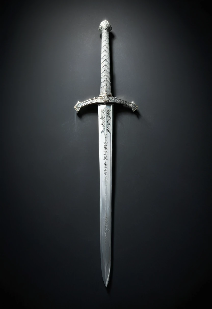 (((best qualityer))), (((work of art))), Weapons to be included around a silver box, A double-edged sword with a sharp blade., black background with smooth gradient. in the center of the sword in the silver box written the big name "SILVER BOX" written on the sword: very large silver box