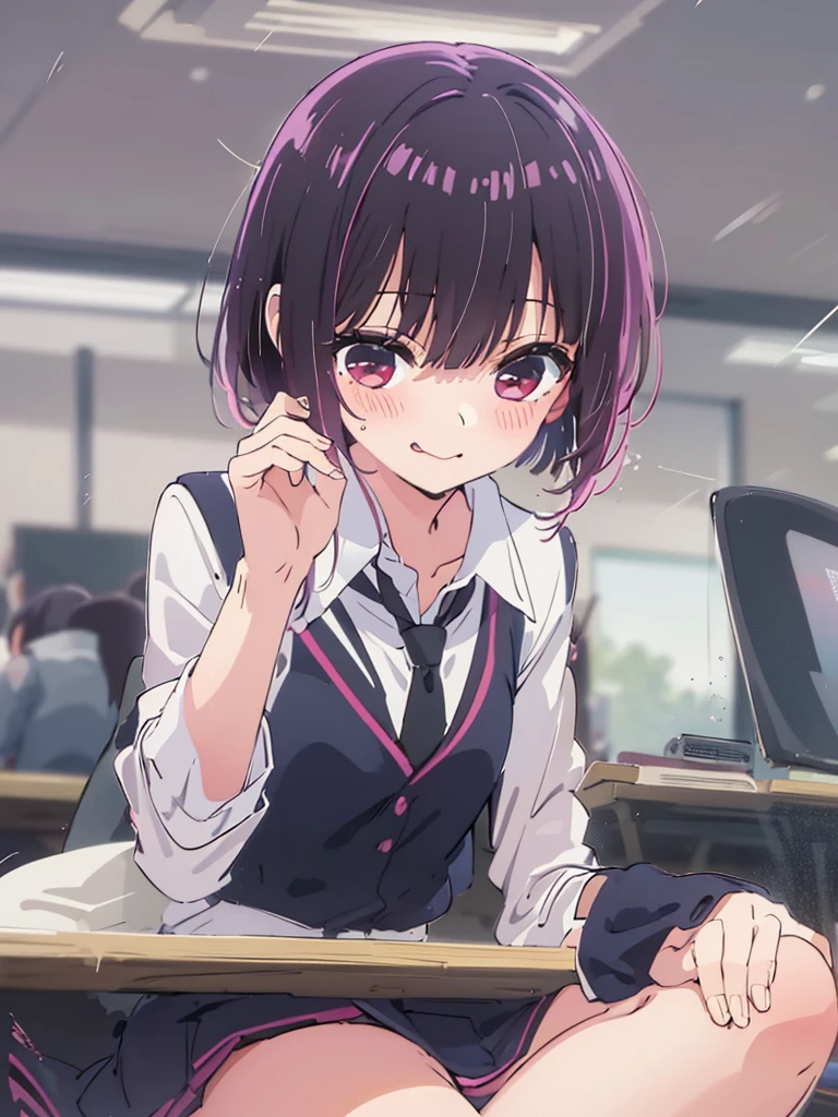(((Anime Style,Arima Kana,1 person,uniform,classroom,Sit cross-legged at a desk,blush,Laughter,touch))),((Shooting from below,Black knee socks,Black underwear,Panty shot,Shot in close-up))