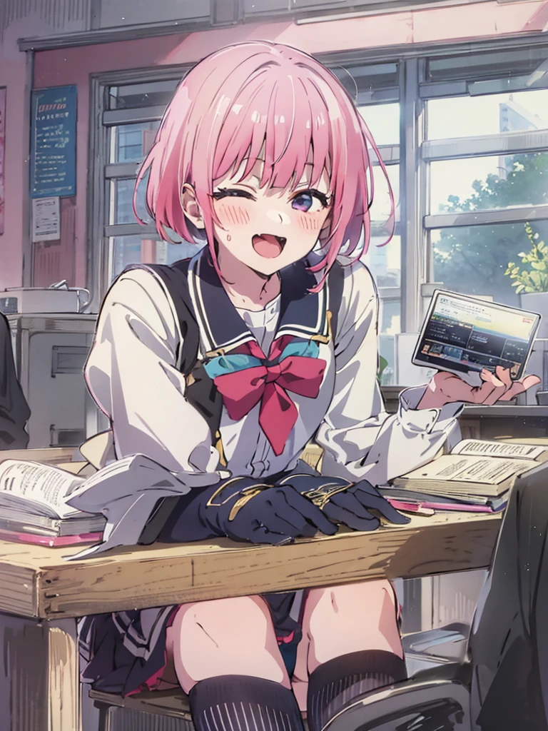 (((Anime Style,Arima Kana,1 person,uniform,classroom,Sit cross-legged at a desk,blush,Laughter,touch))),((Shooting from below,Black knee socks,Black underwear,Panty shot,Shot in close-up))