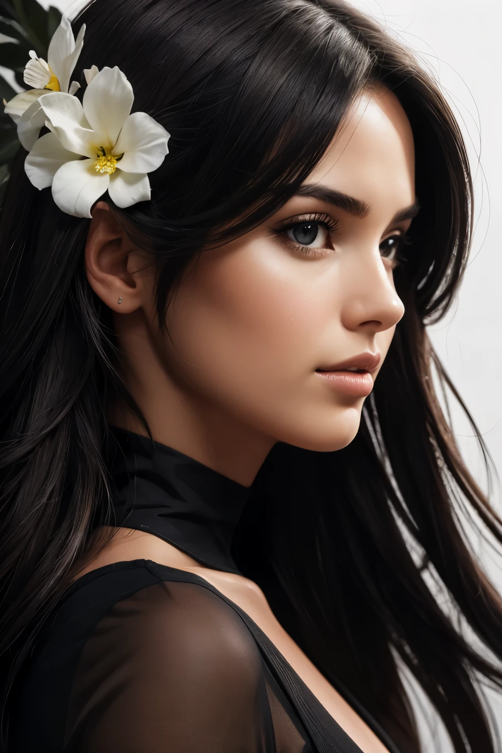 **profile photo of [detailed full-length silhouette of a beautiful, beautiful and unique Brazilian model, perfect face, dark honey eyes and long cascading hair], in the style of realistic hyper-detailed portraits, ambient occlusion, dichromate rubber , fine art realism, black and white grayscale, uhd image, abstract realism --ar 16:9**