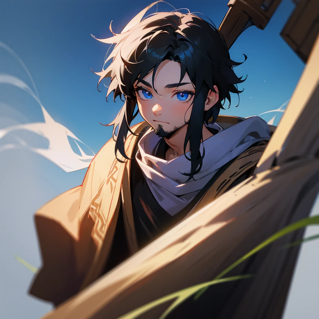 Young Viking with black hair, blue eyes and small facial hair