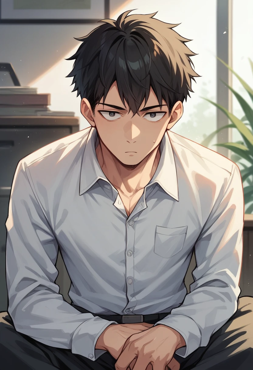 Japanese　male　Average face　Narrow eyes　Short black hair　Office casual attire　
