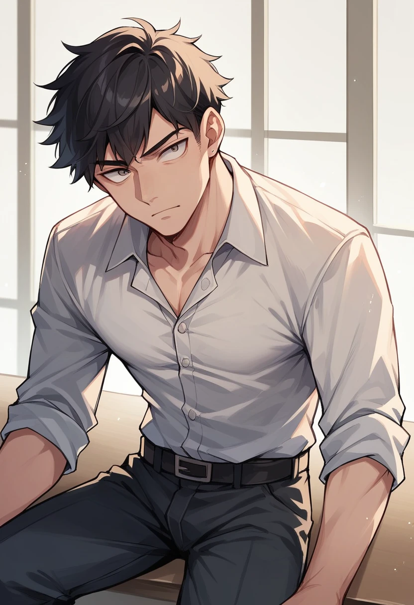 Japanese male Average face Narrow eyes Short black hair Office casual attire