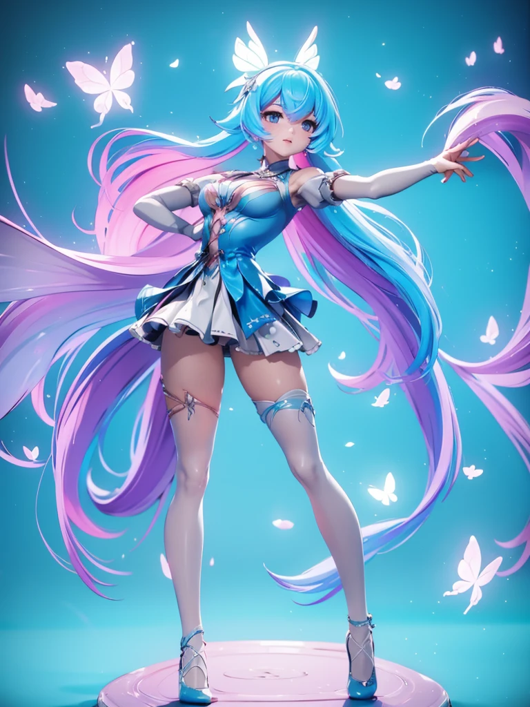Seizo Watase style, Simple Line Initialism,Abstract art, 3d character, colorful hearts ,(((The most beautiful girl of all time))), (full body 1.2), only girl, very long hair, bufferfly and sky background, 25 year old, full body, (((8k))), (((3d)), blue and pink hair, Large butterfly wings on the back, moon, one hand raised above, hair divided into 2,ballet dancing