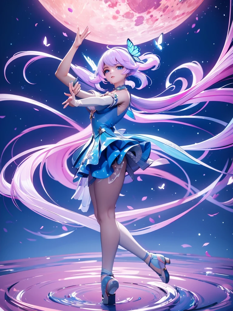 Seizo Watase style, Simple Line Initialism，Abstract art, 3d character, colorful hearts ,(((The most beautiful girl of all time))),  (full body 1.2), only girl, very long hair, bufferfly and sky background, 25 year old, full body, (((8k))), (((3d)), blue and pink hair, Large butterfly wings on the back, moon,  one hand raised above, hair divided into 2,ballet dancing