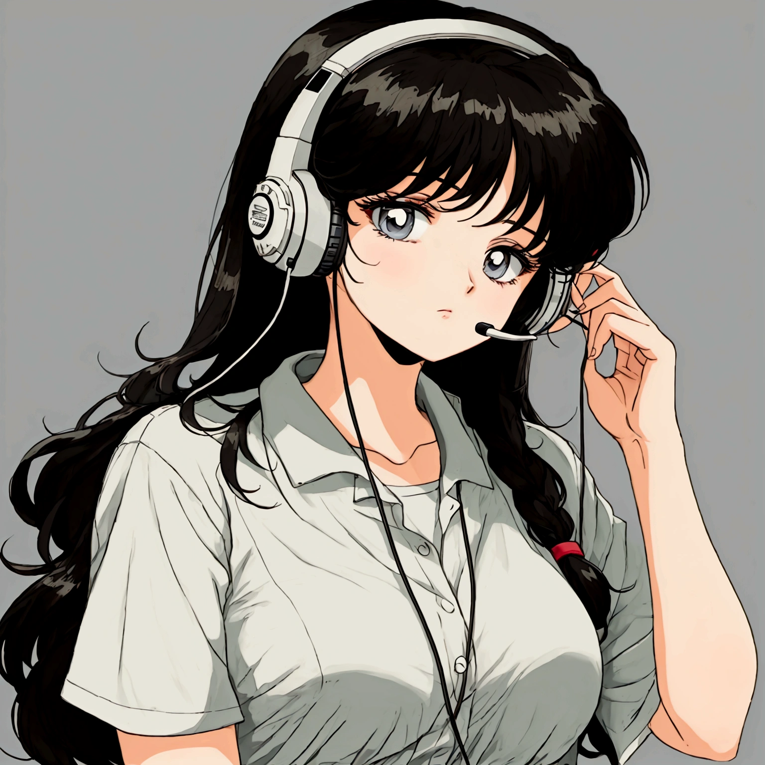 an anime girl with an expression of exhaustion and tiredness, in the 80s style using a telemarketing headset