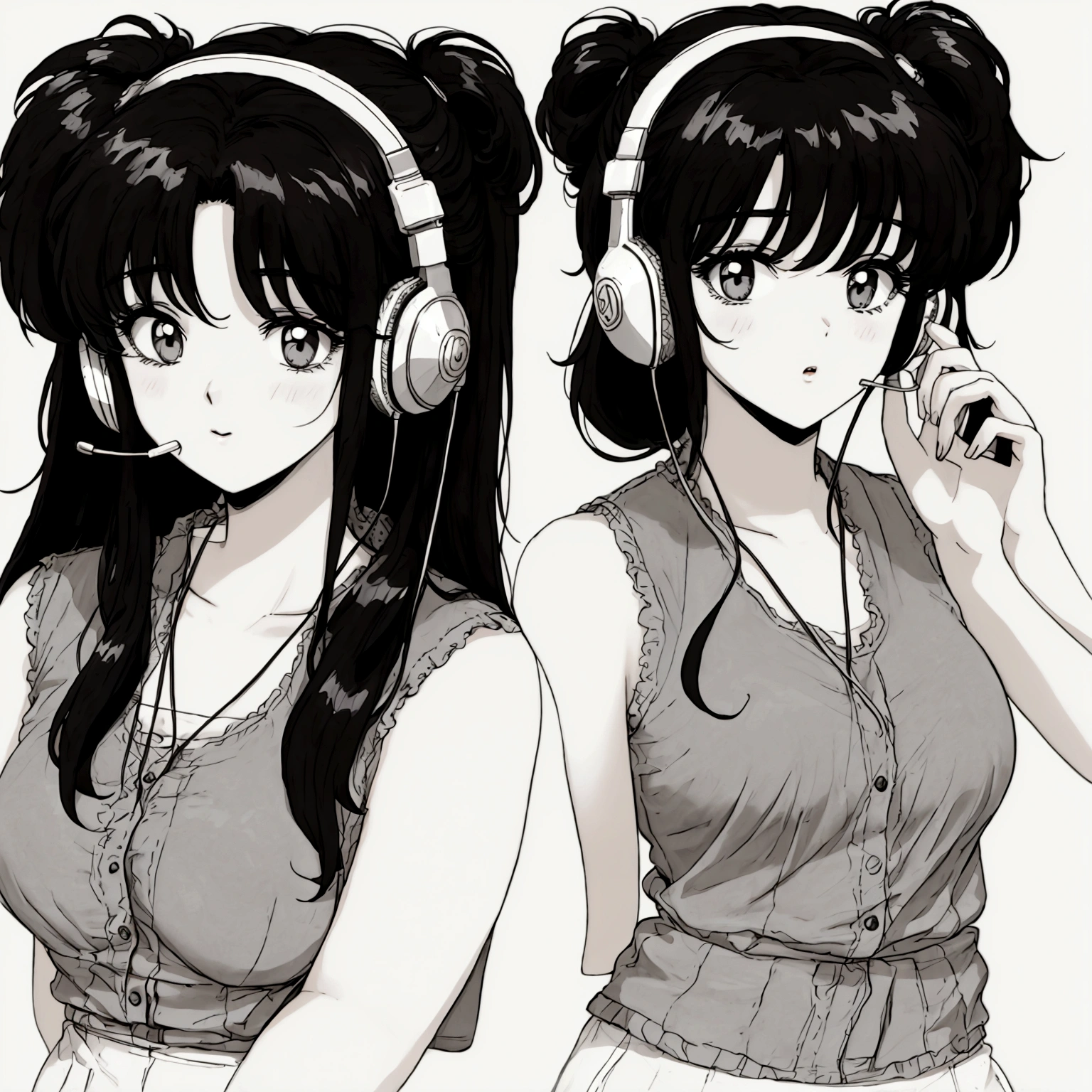 an anime girl with an expression of exhaustion and tiredness, in the 80s style using a telemarketing headset