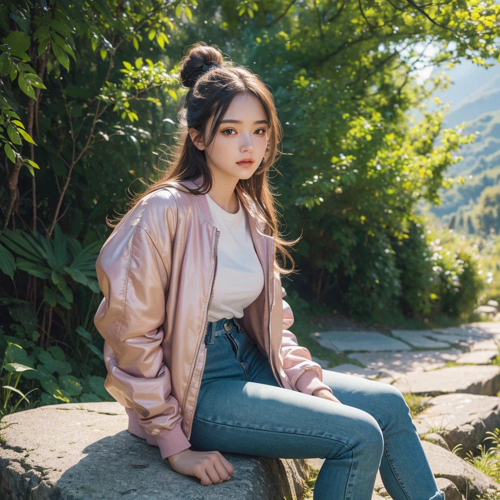 1girl, beautiful detailed eyes, beautiful detailed lips, extremely detailed eyes and face, long eyelashes, girl with tied up hair, girl wearing pink jacket, girl wearing tight jeans, girl wearing boots, girl sitting on rock, green mountains, lush trees, sunny day, natural sunlight, vibrant colors, (best quality,4k,8k,highres,masterpiece:1.2),ultra-detailed,HDR,UHD,realistic,photorealistic,photo-realistic:1.37,studio lighting,ultra-fine painting,sharp focus,physically-based rendering,extreme detail description,professional,vivid colors,bokeh