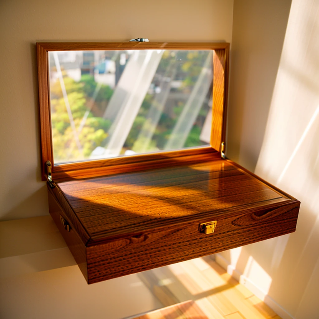 In this cozy room，A ray of sunlight shone through the half-drawn curtains on the table，Let the wood grain on the watch storage box shine with a faint luster。There was a calm and peaceful atmosphere in the air around them。There are several still lifes hanging on the walls of the room，It adds a touch of elegance to the space。And on the other side of the room，The half-open window lets in the breeze，The pages on the small desk by the window turned in the wind，This quiet scene gives a sense of tranquility and comfort。

