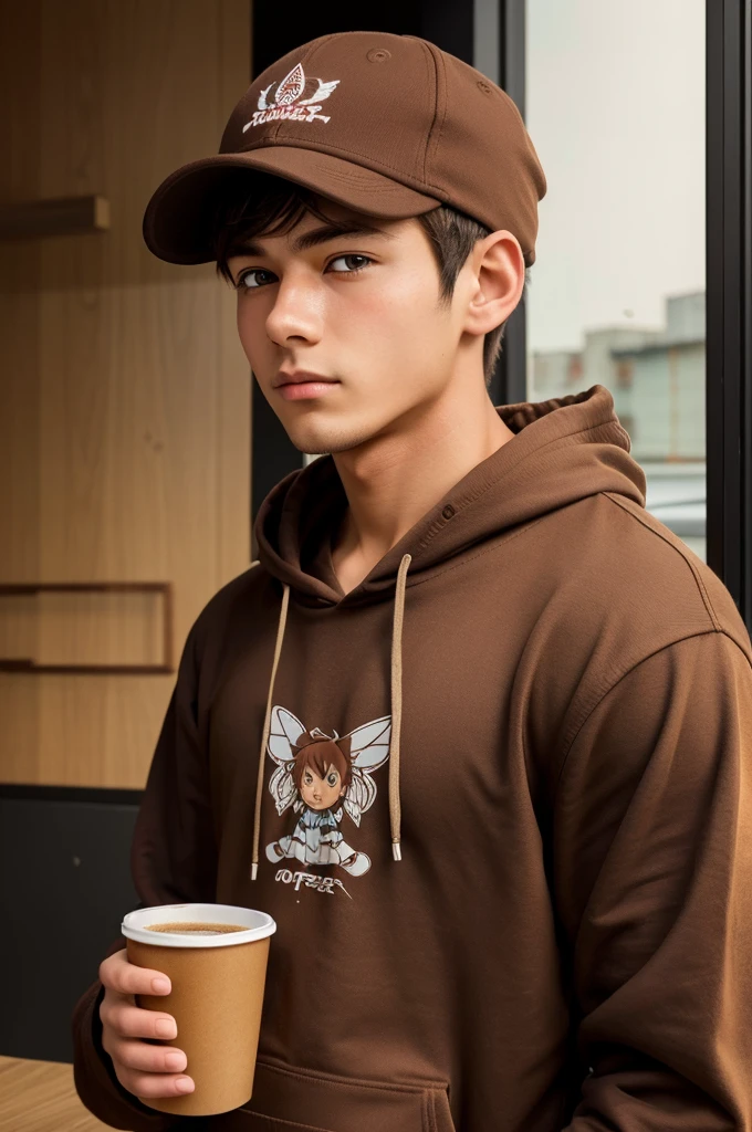 Create an image of anime boy of 20 years of age
. Image from side angle of A boy wearing cap ans brown hoodie with brown hair, holding coffee glass with straw and straw in his lips. Bug innocent eyes, looking cute