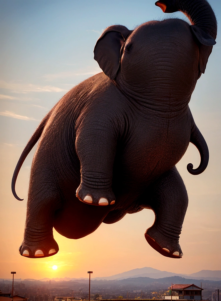 there is a poster with an elephant in front of a building, Beasts, Aoshima, elephant, Spectacular!, iron, Vivid!!, [ Realistic photos ]!!, 8 time, flying elephant, iPhone Capture, Kumamoto, Happy!!!, dynamic!!, by Kinichiro Ishikawa, Mammoth, male!!, it&#39;s raining!!, Surreal!!!, 8