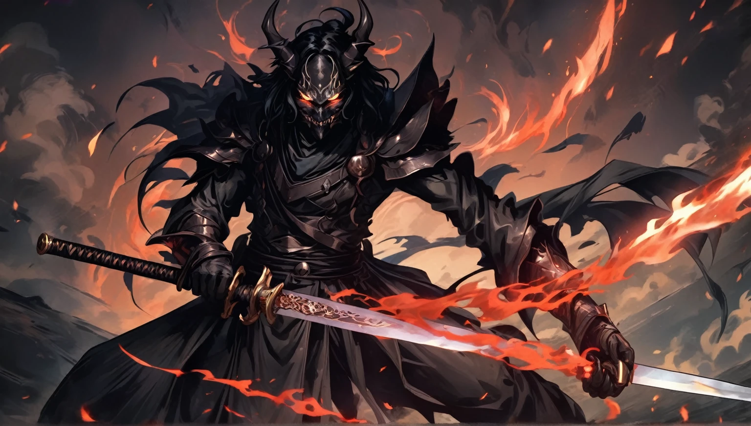 demon mask, sword on the hand,close up, black heavy detailed clothes, hand katana, art, dark and malevolent, hand sword, armor, powerful and intimidating, (masterpiece, best quality, ultra-detailed, best shadow), (detailed background, dark fantasy) dramatic light, intricate details, dark and malevolent, powerful and intimidating, Dark and foreboding, malevolent force, sinister and chilling, armor, high detailed background, girl in demon slayer art, demon slayer art style, epic anime art, God death