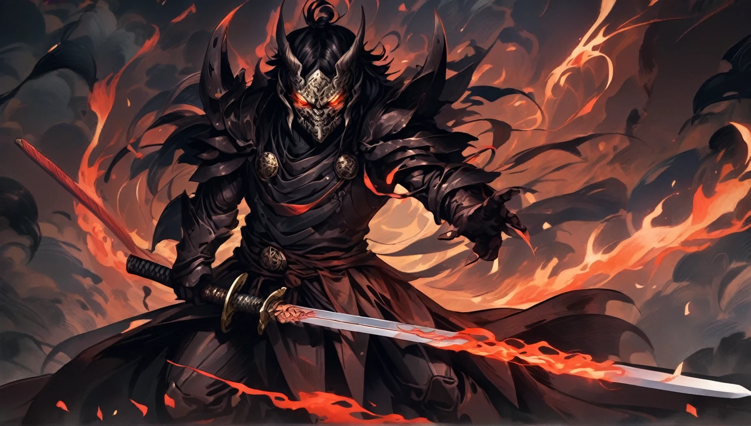 demon mask, sword on the hand,close up, black heavy detailed clothes, hand katana, art, dark and malevolent, hand sword, armor, powerful and intimidating, (masterpiece, best quality, ultra-detailed, best shadow), (detailed background, dark fantasy) dramatic light, intricate details, dark and malevolent, powerful and intimidating, Dark and foreboding, malevolent force, sinister and chilling, armor, high detailed background, girl in demon slayer art, demon slayer art style, epic anime art, God death