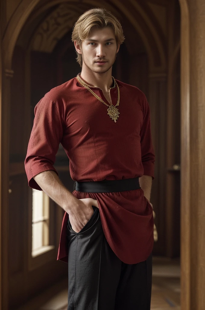 30 years old man, wearing a medieval classic style red tunic, made of cotton fabric, the tunic has elaborate details, with sleeves, The pants are black cotton, He wears a thick, heavy gold necklace. The man has light blond hair, long, which gives it an air of nobility and elegance, his face resembles that of Alex Pettyfer and seriously, with an expression of authority, He is standing, in full body image, with an erect and dignified posture, conveying confidence and presence, The background is a luxurious environment