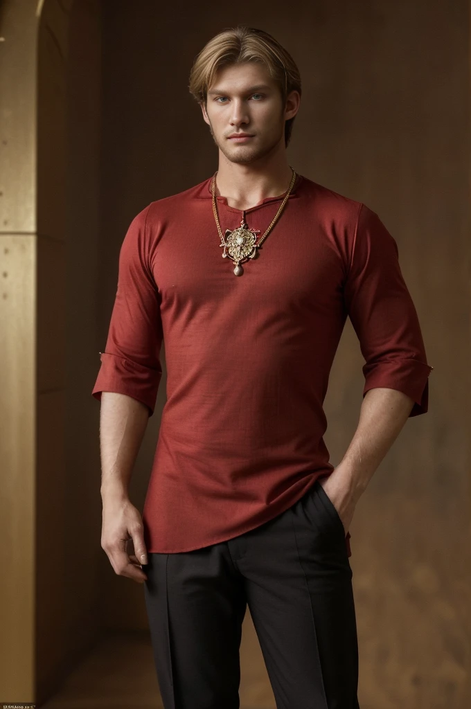30 years old man, wearing a medieval classic style red tunic, made of cotton fabric, the tunic has elaborate details, with sleeves, The pants are black cotton, He wears a thick, heavy gold necklace. The man has light blond hair, long, which gives it an air of nobility and elegance, his face resembles that of Alex Pettyfer and seriously, with an expression of authority, He is standing, in full body image, with an erect and dignified posture, conveying confidence and presence, The background is a luxurious environment