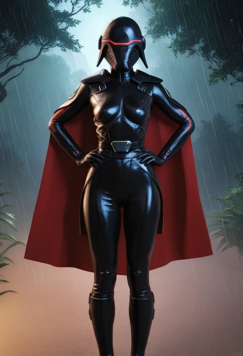 zPDXL, source_anime,
BREAK
Trilla, helmet with red visor, cape, armor,black gloves,tight bodysuit,black cape,black pants,
BREAK
close-up, solo, standing, front view, medium breasts, hands on hips, wide hips,
BREAK
x3dce, 3d, jungle background, dense vegetation, rain, night, night sky, 