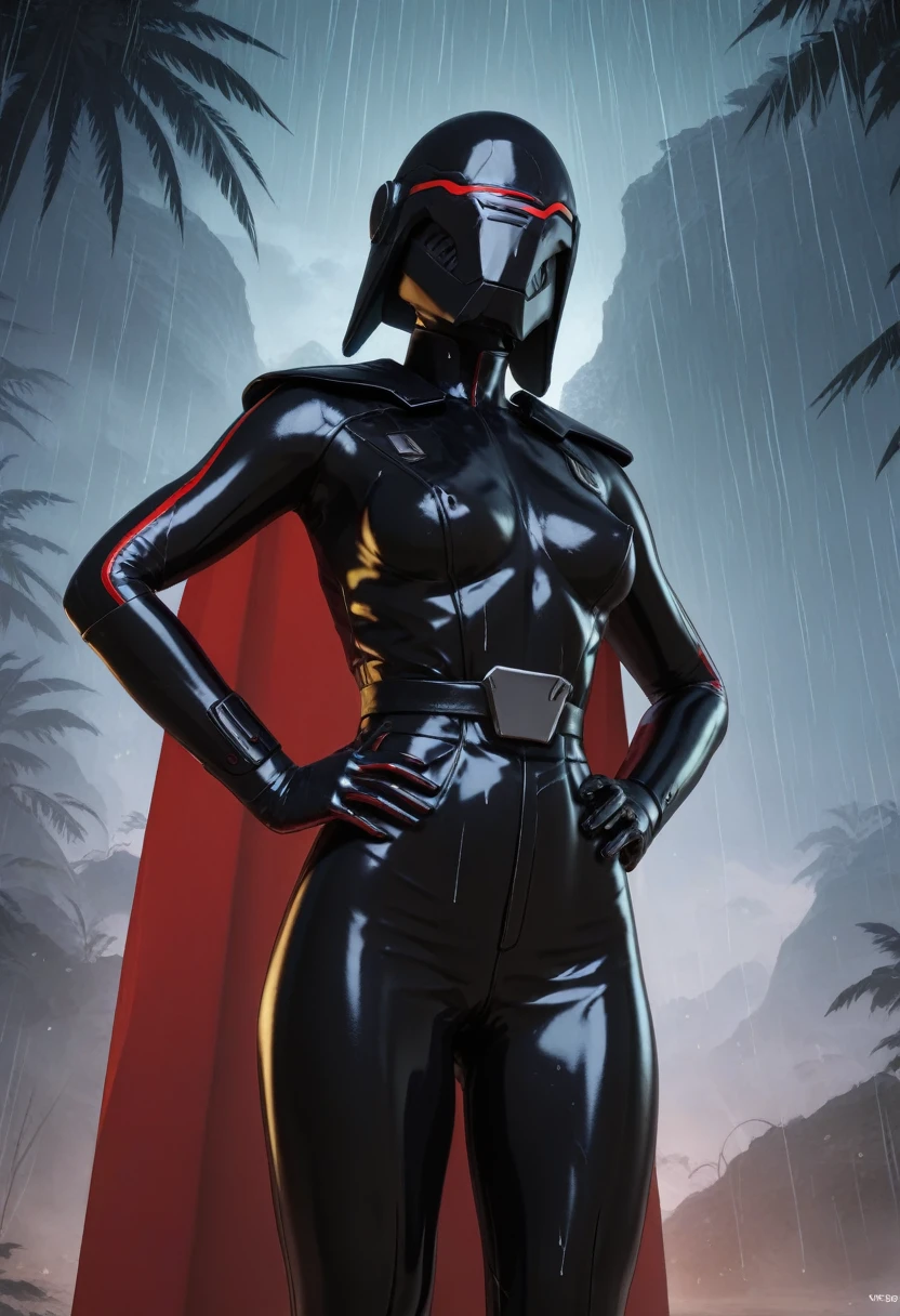 zPDXL, source_anime,
BREAK
Trilla, helmet with red visor, cape, armor,black gloves,tight bodysuit,black cape,black pants,
BREAK
close-up, solo, standing, front view, medium breasts, hands on hips, wide hips,
BREAK
x3dce, 3d, jungle background, dense vegetation, rain, night, night sky, 