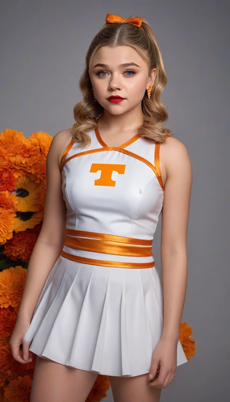 1girl, full length portrait, 9:16 aspect ratio, wide angle lens, Chloe Moretz, University of Tennessee cheerleader uniform, pleated minidress by Addidas, sheer shiny shimmering silky tan pantyhose by L'eggs, 5 inch white high heeled pumps by Louis Vuitton, holding pompoms, studio photo shoot, red lipstick, long dangling earrings, hair in pigtails, glamor photo shoot, detailed face, beautiful detailed eyes, beautiful detailed lips, extremely detailed eyes and face, long eyelashes, (best quality,4k,8k,highres,masterpiece:1.2),ultra-detailed,(realistic,photorealistic,photo-realistic:1.37),HDR,UHD,studio lighting,ultra-fine painting,sharp focus,physically-based rendering,extreme detail description,professional,vivid colors,bokeh