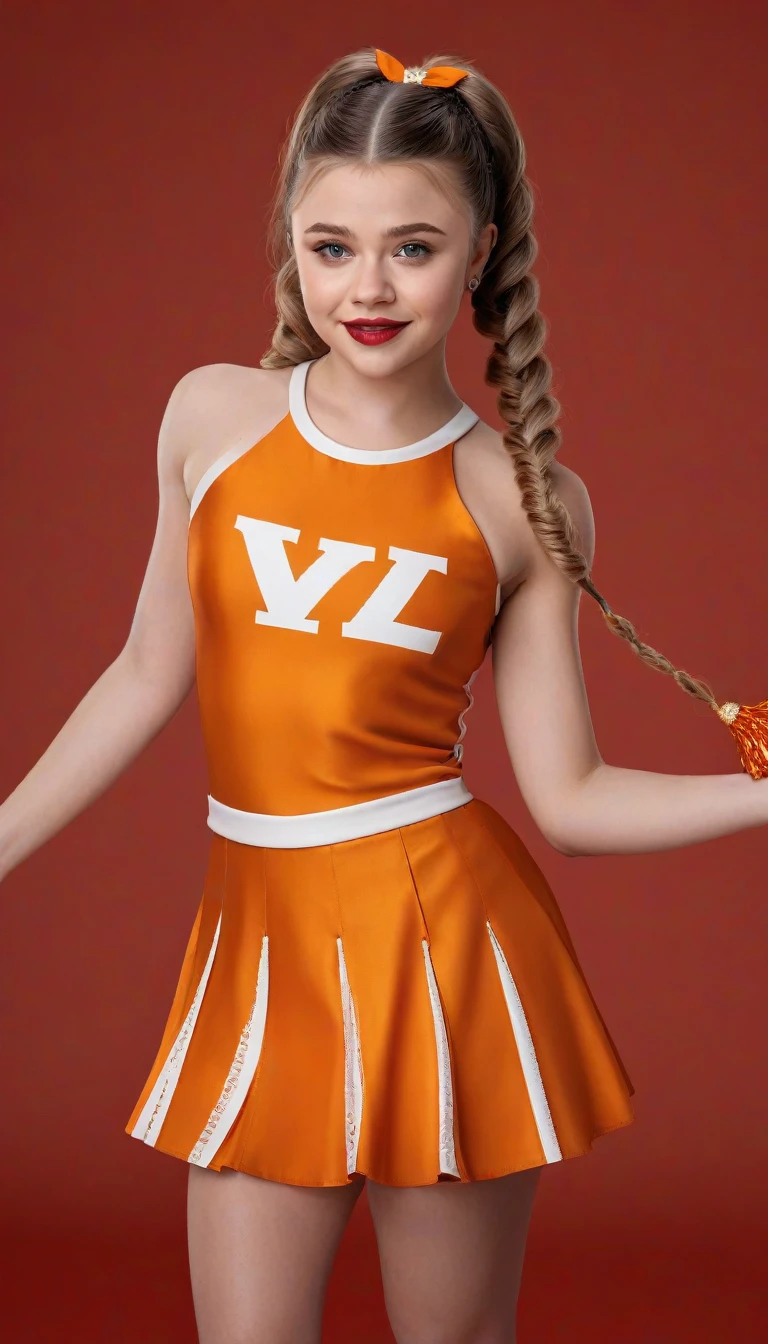 1girl, full length portrait, 9:16 aspect ratio, wide angle lens, Chloe Moretz, University of Tennessee cheerleader uniform, pleated minidress by Addidas, sheer shiny shimmering silky tan pantyhose by L'eggs, 5 inch white high heeled pumps by Louis Vuitton, holding pompoms, studio photo shoot, red lipstick, long dangling earrings, hair in pigtails, glamor photo shoot, detailed face, beautiful detailed eyes, beautiful detailed lips, extremely detailed eyes and face, long eyelashes, (best quality,4k,8k,highres,masterpiece:1.2),ultra-detailed,(realistic,photorealistic,photo-realistic:1.37),HDR,UHD,studio lighting,ultra-fine painting,sharp focus,physically-based rendering,extreme detail description,professional,vivid colors,bokeh