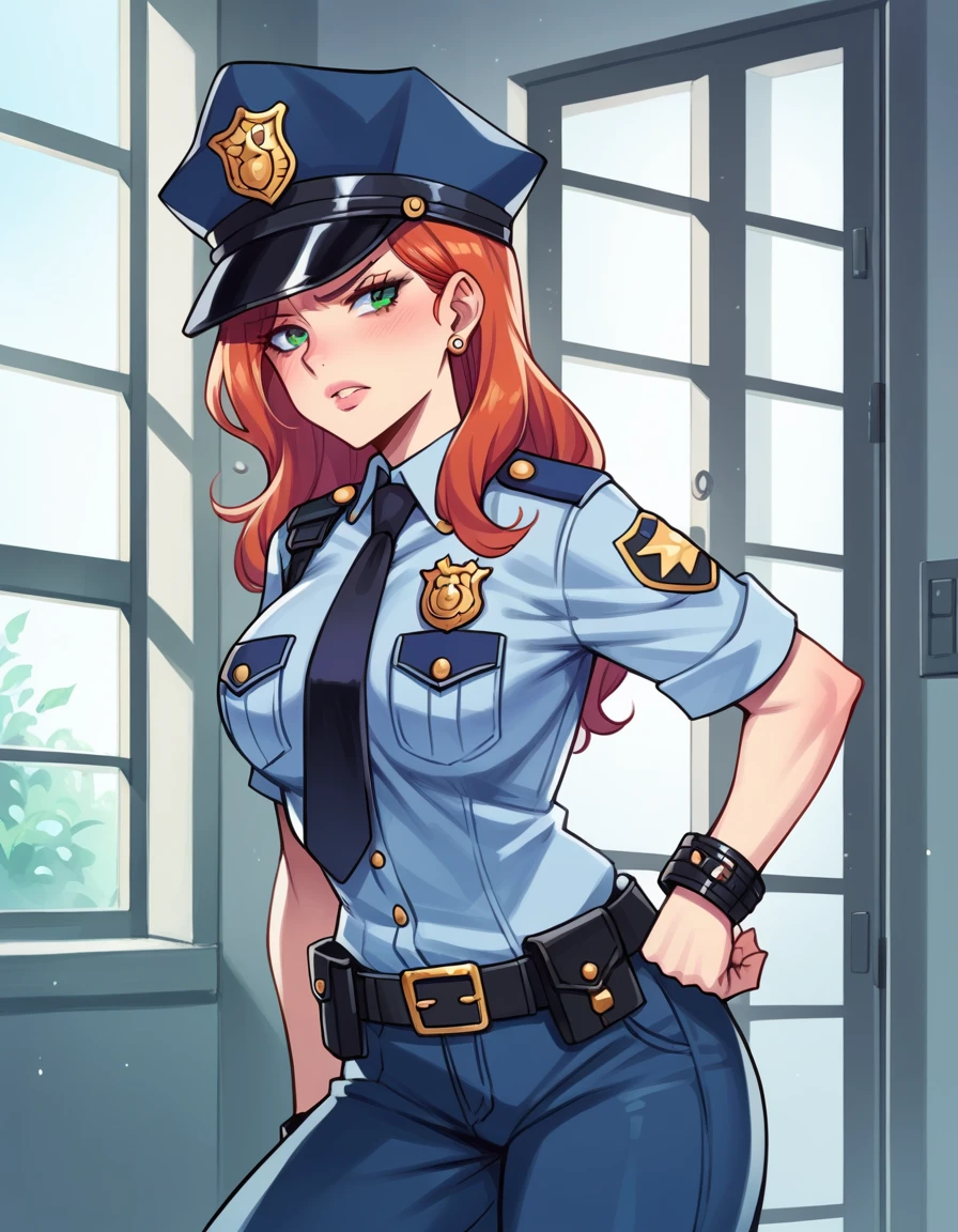 There is a woman in a police uniform, official, police official, (Yoshida Yuuko), relaxed police, Attire: cop, redhead woman, yoshida yuuko wearing a police uniform, high resolution commission, sheriff woman, Lois van Baarle y Rossdraws, bottomless, leotard blue, bare legs, standing, (((his hands are behind his body)),((The whole body is tightly bound.)) in dungeon,