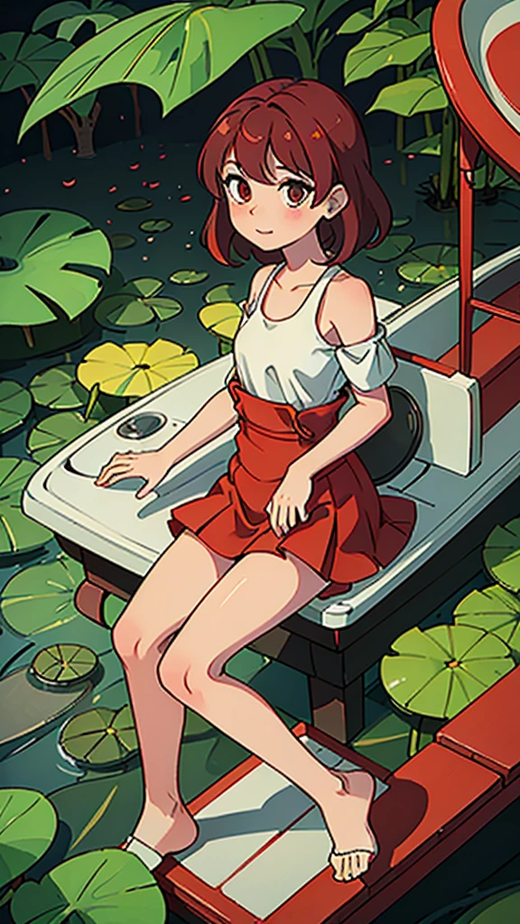 Red carp are swimming in the lotus pond and the little girl is sitting on the boat