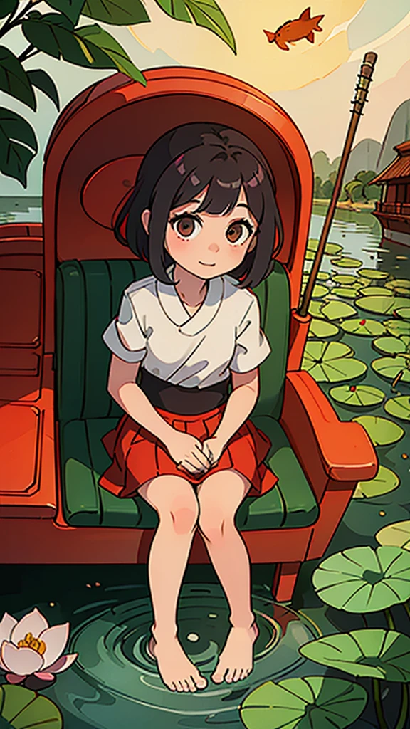 Red carp are swimming in the lotus pond and the little girl is sitting on the boat