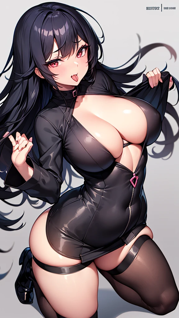 Big asset, big titts, small waist, full body, curvy, high guallty, anime, eyeshadow, tongue out, open mouth, suggestive look, 1girl, female, adult, black hair, messy long hair,
