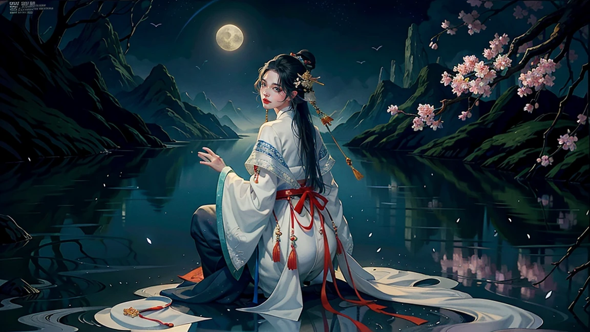Official Art, Unity 8K wallpaper, Extremely detailed, beautiful and aesthetic, masterpiece, best quality, For the world，You may be alone，But for someone，You could be the whole world, paradox, Adrian Genius, Jenny Savile, Edward Hope, Surrealism, The Dark Arts of James Jean, Takato Yamamoto, 墨water朋克极简主义, fashion magazine, Editorial Photography,  gufeng, moon, Tree, Solitary, water, flower, Branches, night, Black Hair, Back to, shawl, full moon, (1 Korean girl，Sexy facial features), in Tree, Long hair, Sky, sit, Chinese clothes, Hanfu, crescent moon, permanent, outdoor，手上有一个water晶球