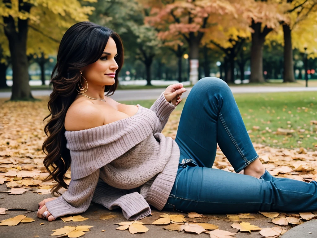 Lisa Ann, a beautiful woman, long perfect hair, (wearing off-shoulder-jumper:1.2), (city park, autumn:1.2),  (analog, cinematic, film grain), ((detailed eyes)), (color picture:1.1), Fujifilm XT3, sitting down and doing a leg split