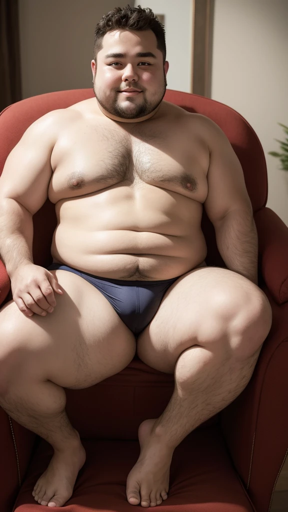 Create an image of a chubby man in underwear, seated in a chair 