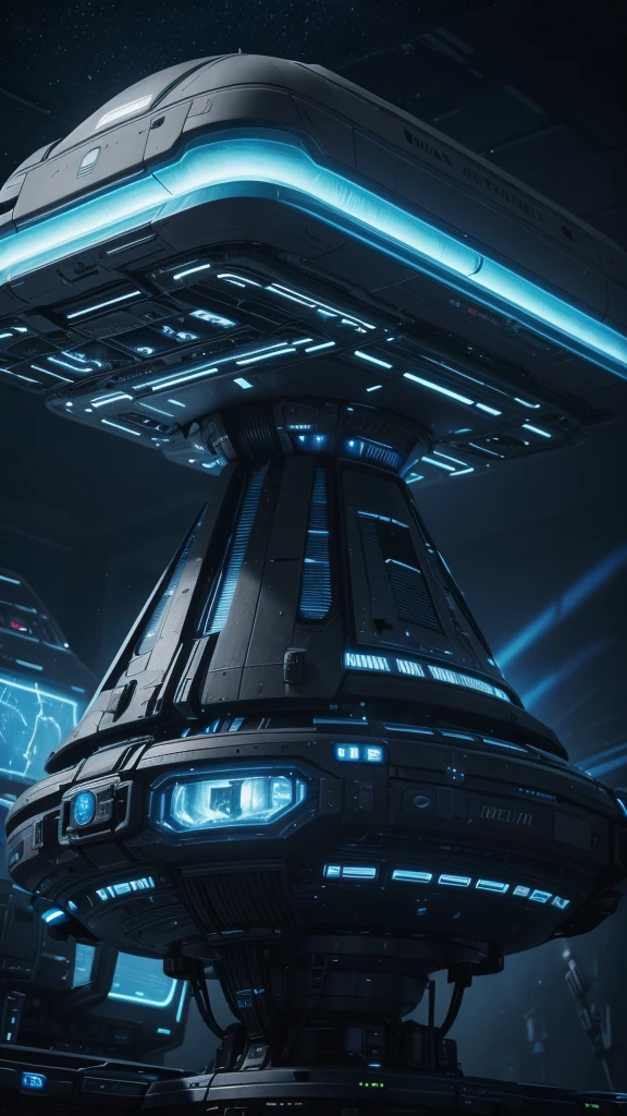 a detailed spaceship in the universe, futuristic spacecraft, atmospheric sci-fi scene, cinematic lighting, dramatic clouds, glowing blue energy, sleek metallic surface, complex technological details, volumetric atmosphere, photorealistic, stunning 8K quality, highly detailed, intricate engineering, striking color palette, vibrant neon accents, seamless integration of sci-fi elements