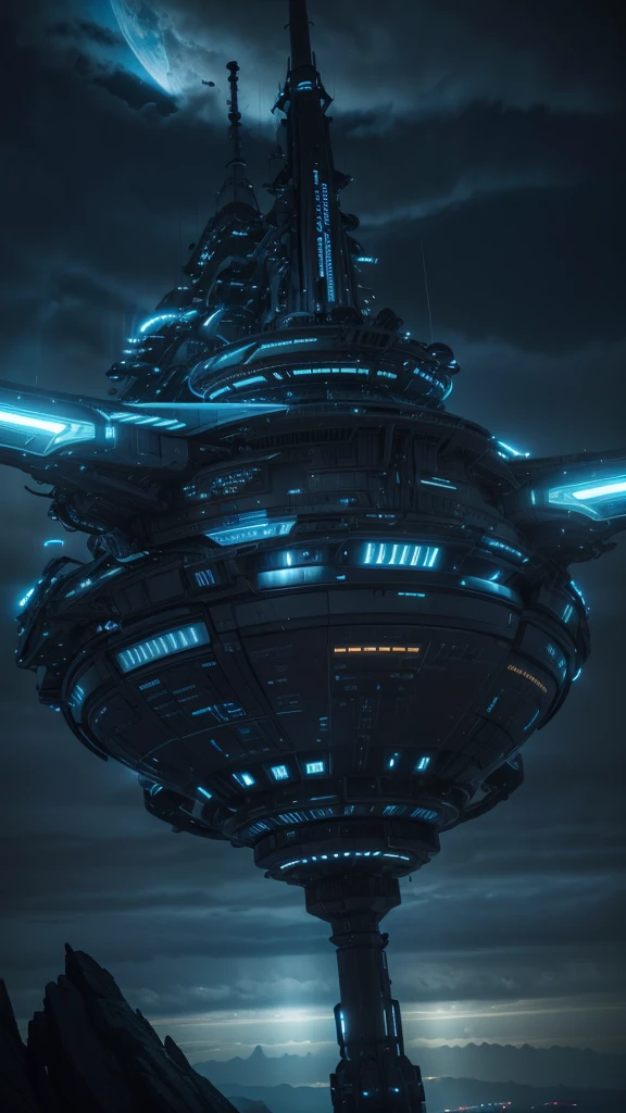 a detailed spaceship in the universe, futuristic spacecraft, atmospheric sci-fi scene, cinematic lighting, dramatic clouds, glowing blue energy, sleek metallic surface, complex technological details, volumetric atmosphere, photorealistic, stunning 8K quality, highly detailed, intricate engineering, striking color palette, vibrant neon accents, seamless integration of sci-fi elements